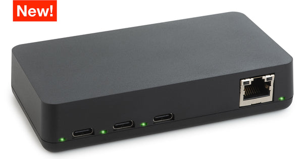 Adapter which uses power over ethernet (PoE) to power as many as 3 USB-C iPads, Android tablets, or USB devices. 